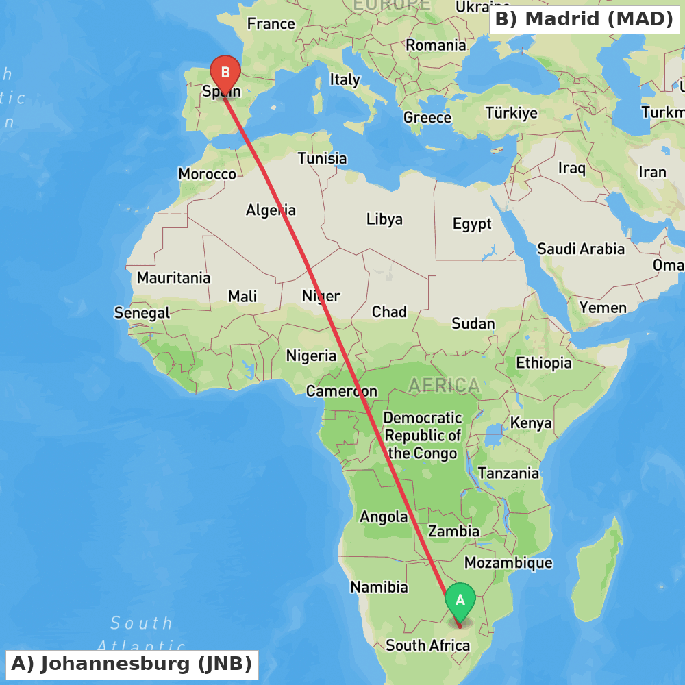 Flight route map from Johannesburg to Madrid