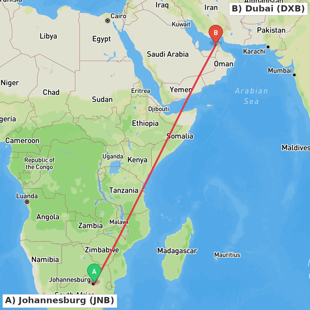 Flight route map from Johannesburg to Dubai