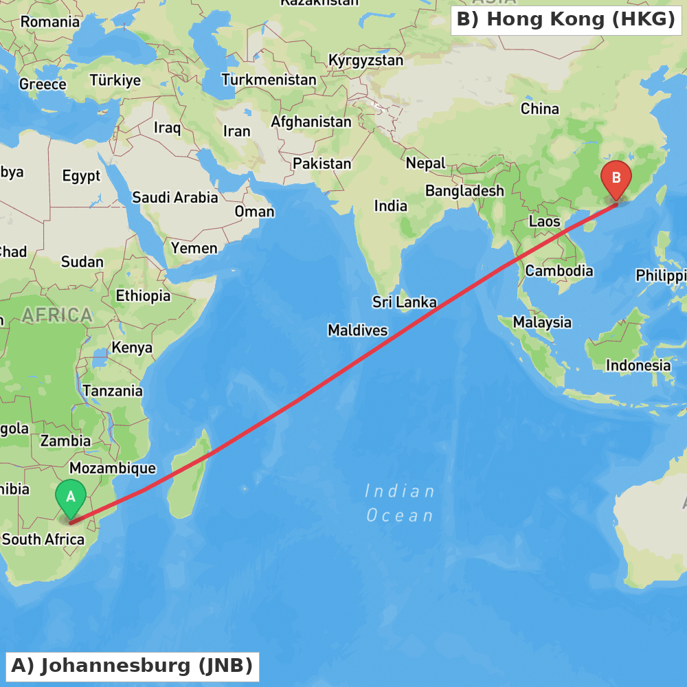 Flight route map from Johannesburg to Hong Kong