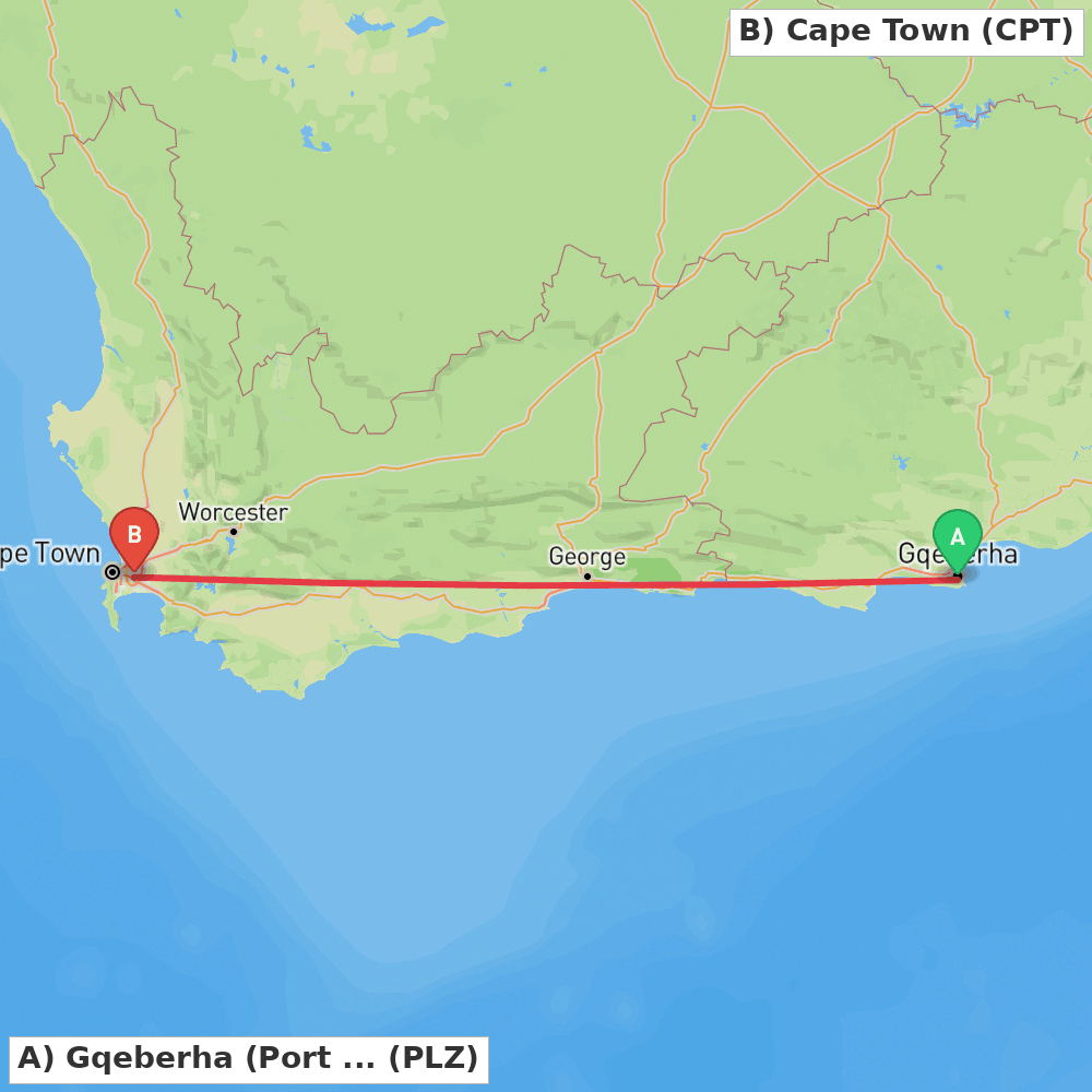 Flight route map from Gqeberha (Port Elizabeth) to Cape Town