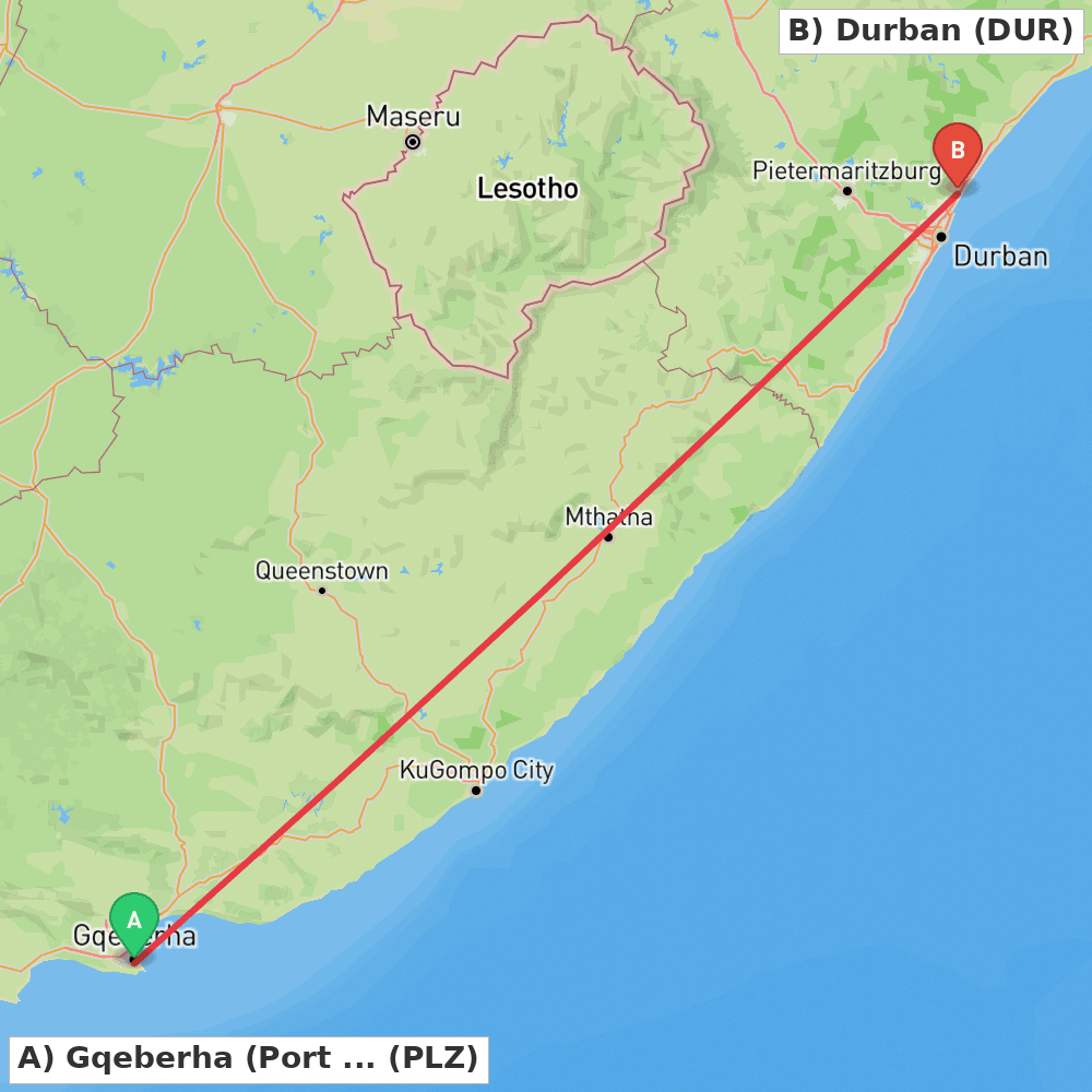 Flight route map from Gqeberha (Port Elizabeth) to Durban