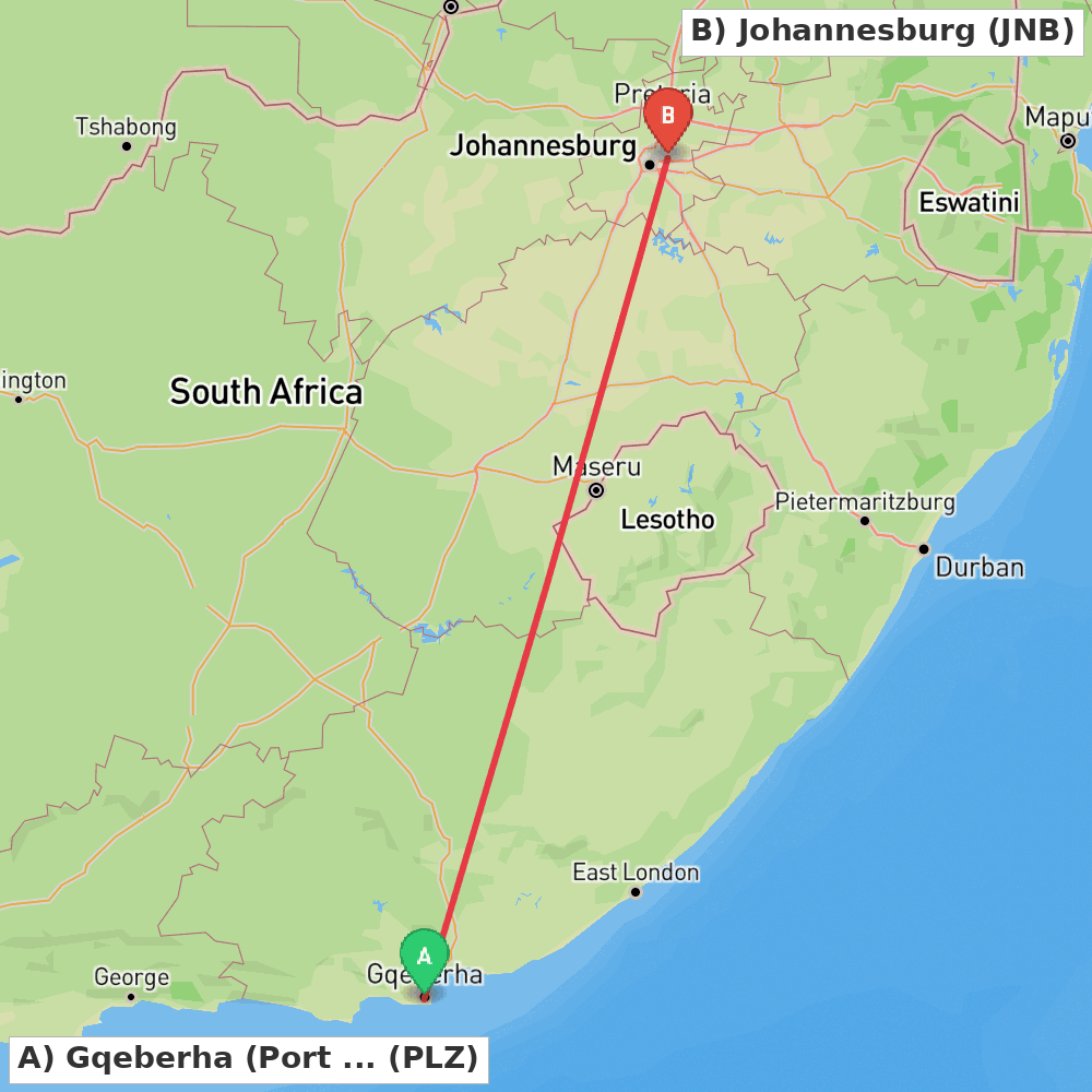 Flight route map from Gqeberha (Port Elizabeth) to Johannesburg