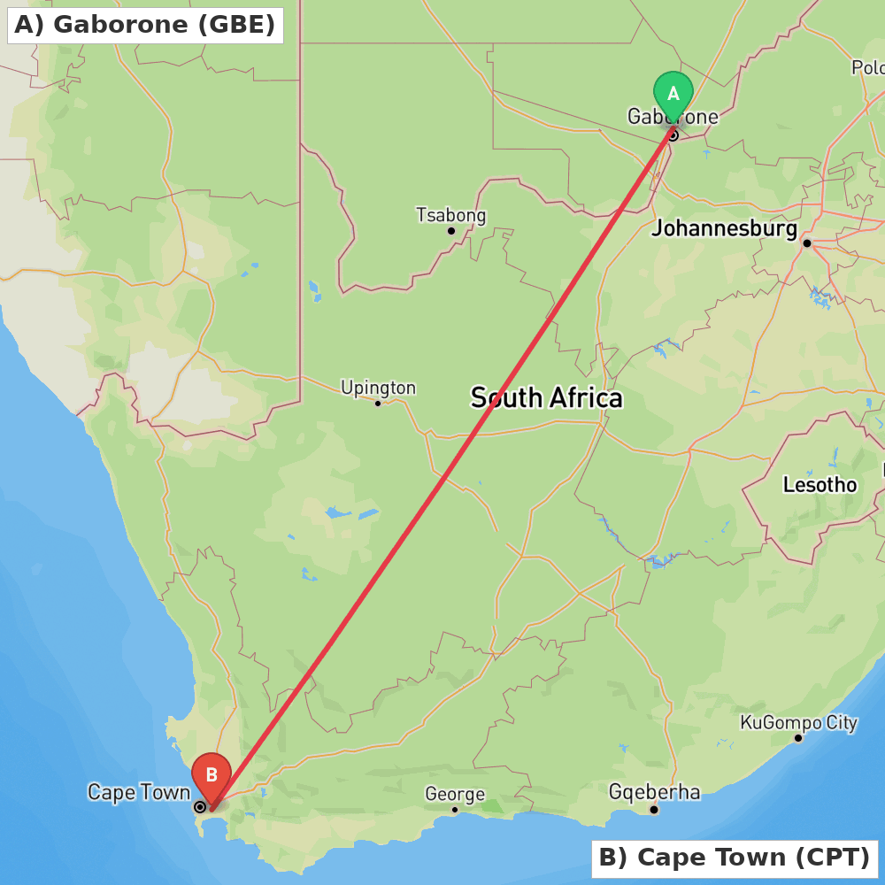 Flight route map from Gaborone to Cape Town