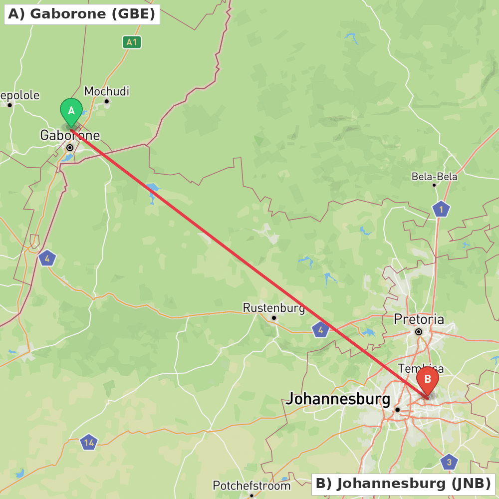 Flight route map from Gaborone to Johannesburg