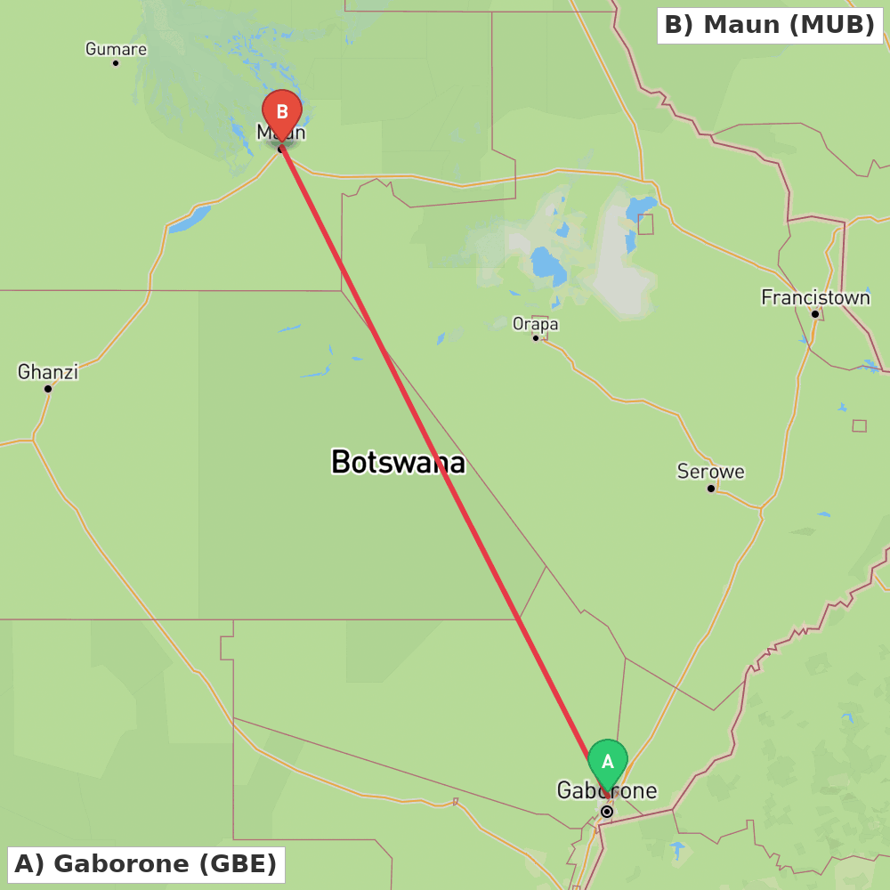 Flight route map from Gaborone to Maun