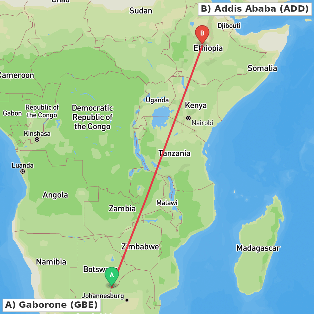 Flight route map from Gaborone to Addis Ababa