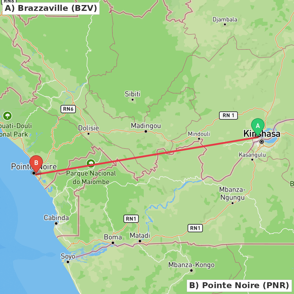 Flight route map from Brazzaville to Pointe Noire