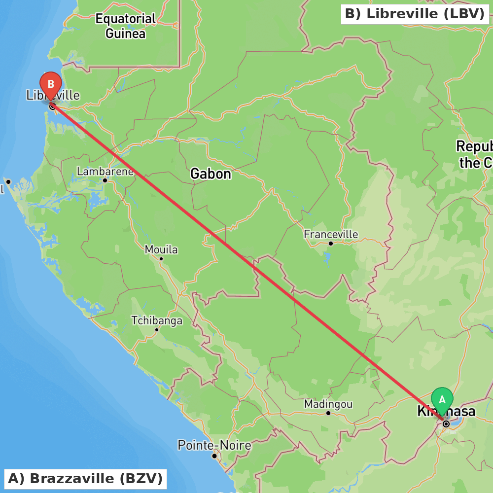 Flight route map from Brazzaville to Libreville