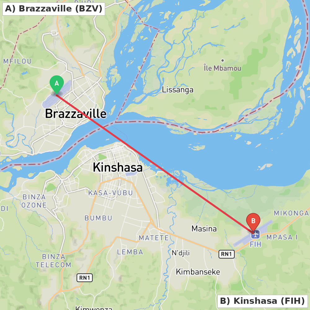 Flight route map from Brazzaville to Kinshasa