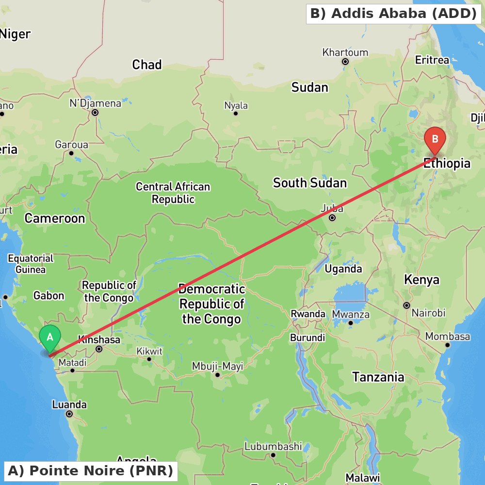 Flight route map from Pointe Noire to Addis Ababa