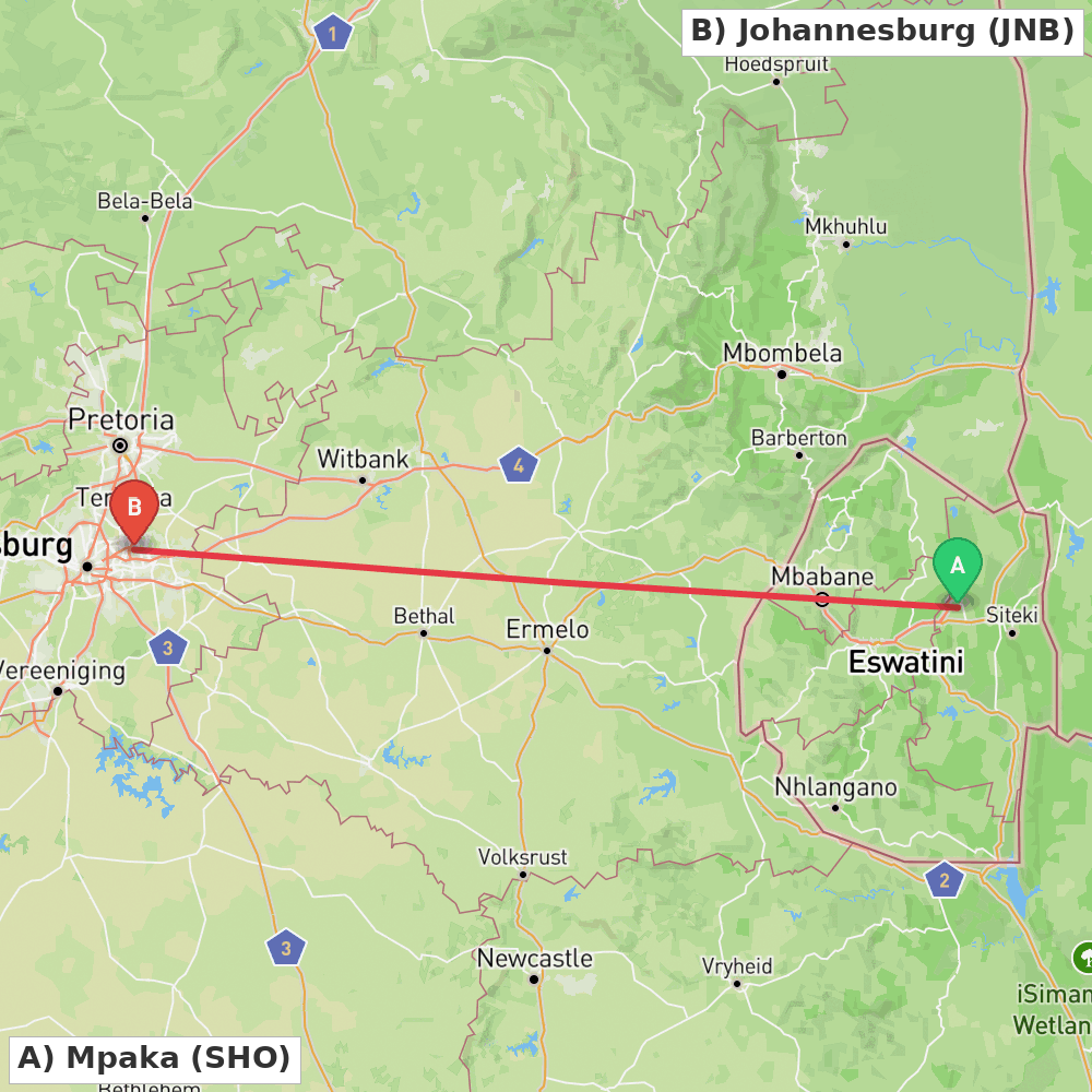 Flight route map from Mpaka to Johannesburg