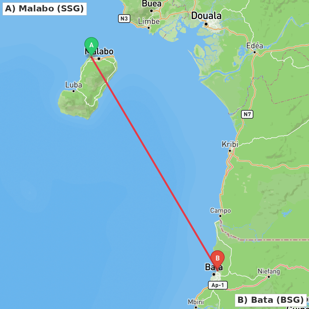 Flight route map from Malabo to Bata