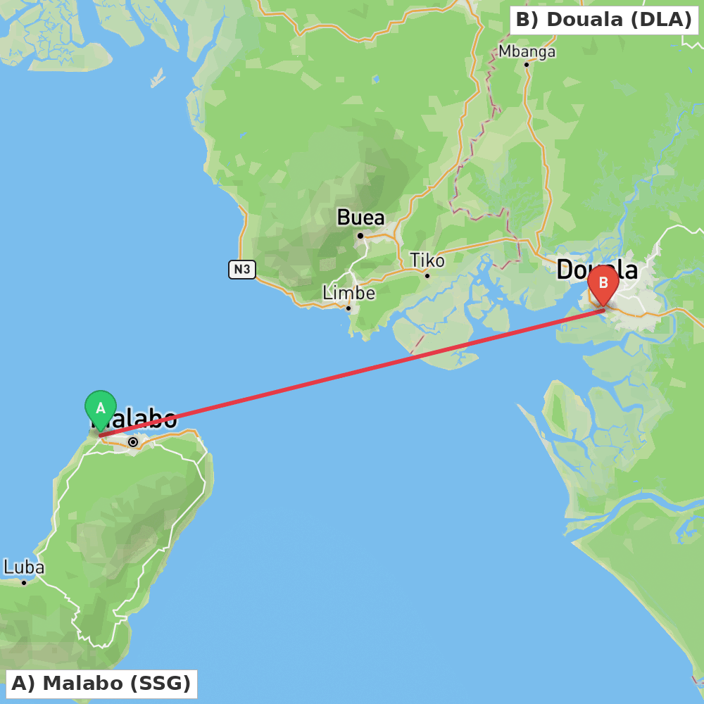 Flight route map from Malabo to Douala