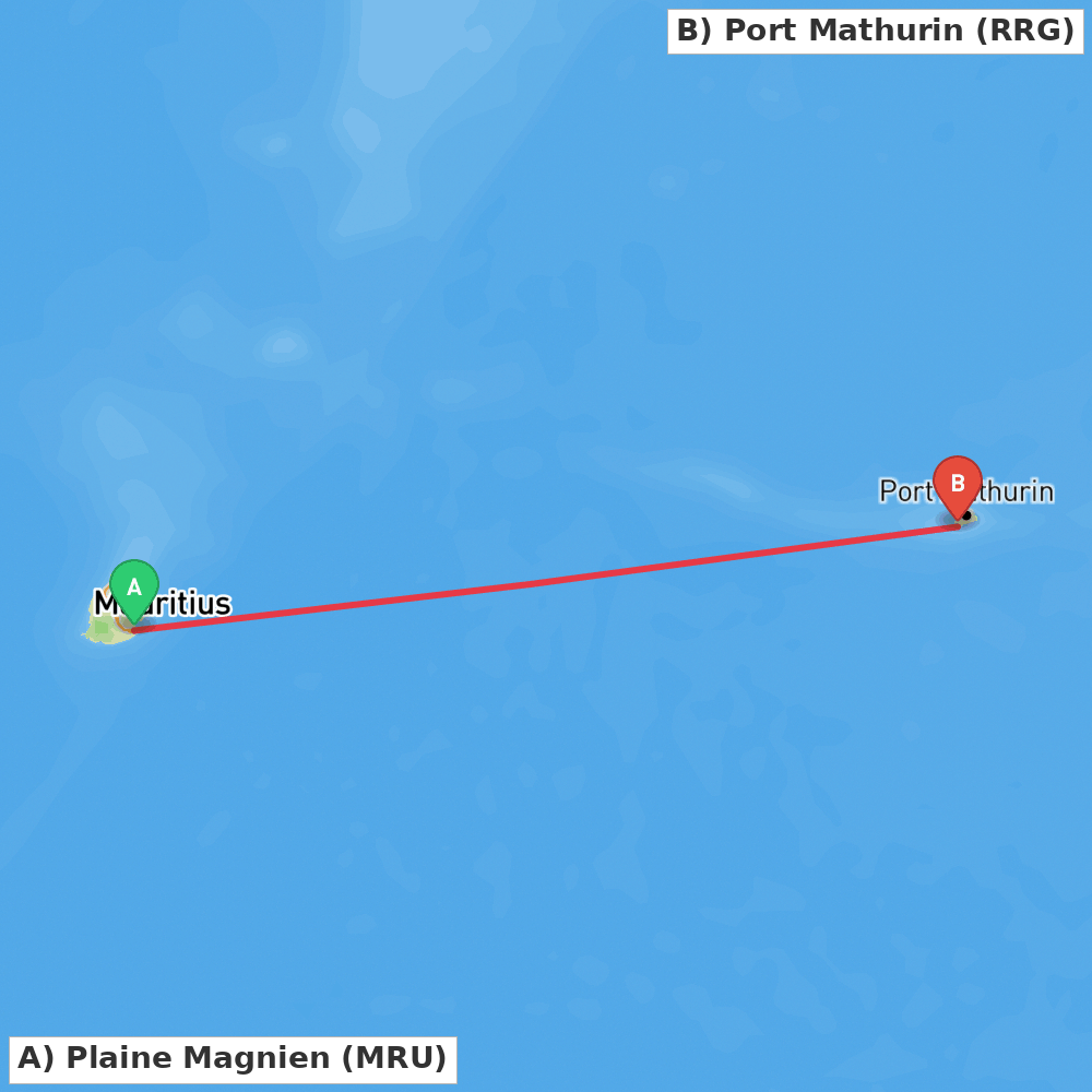 Flight route map from Plaine Magnien to Port Mathurin