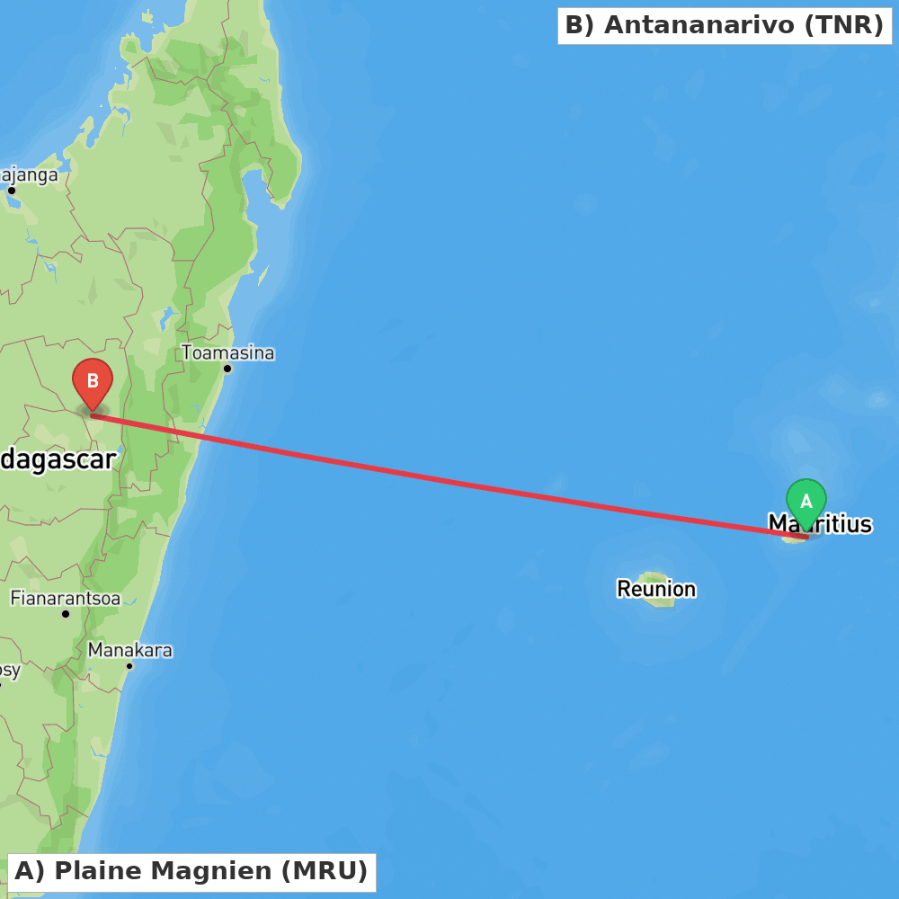 Flight route map from Plaine Magnien to Antananarivo