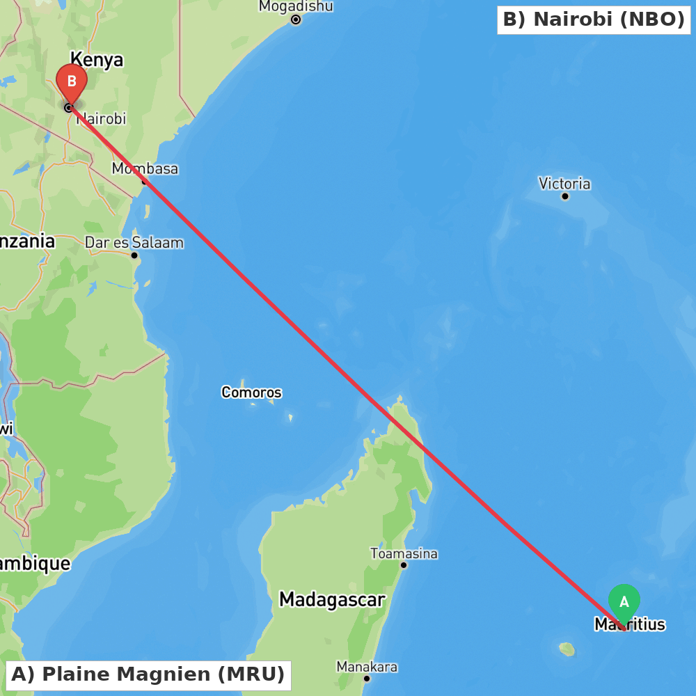 Flight route map from Plaine Magnien to Nairobi