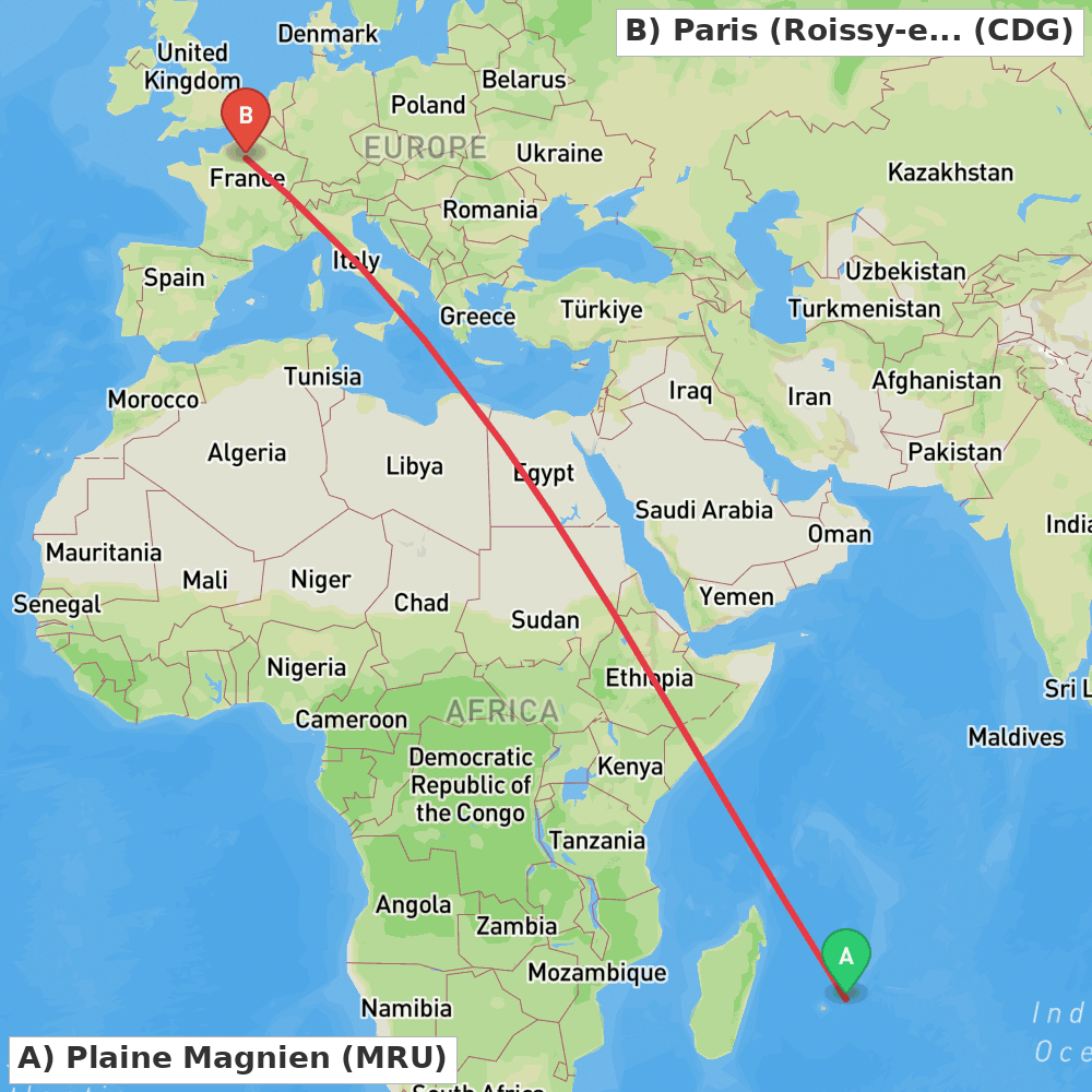 Flight route map from Plaine Magnien to Paris (Roissy-en-France, Val-d'Oise)