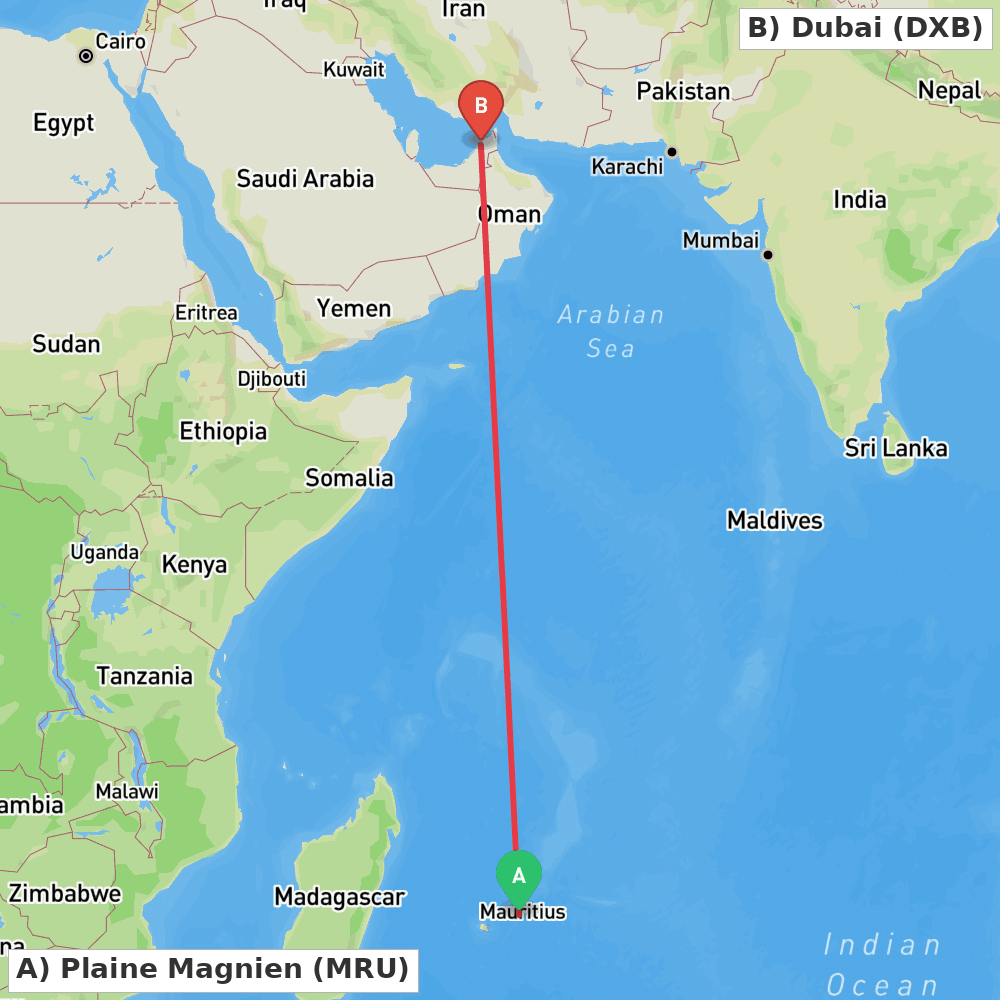 Flight route map from Plaine Magnien to Dubai