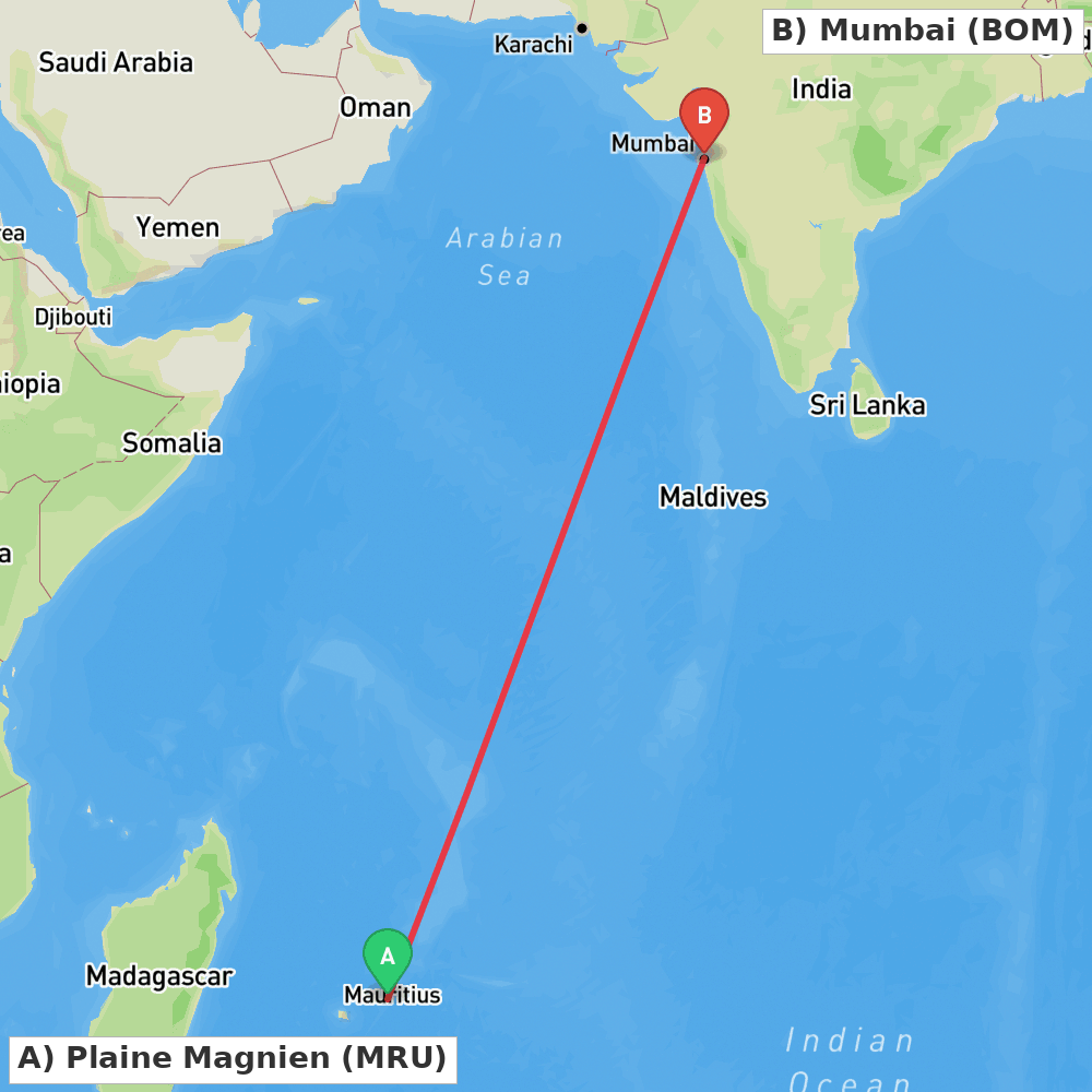 Flight route map from Plaine Magnien to Mumbai