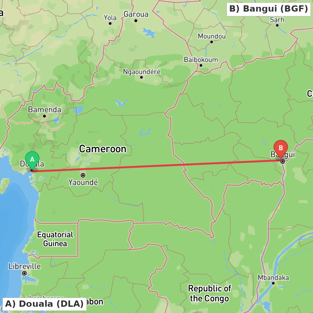 Flight route map from Douala to Bangui