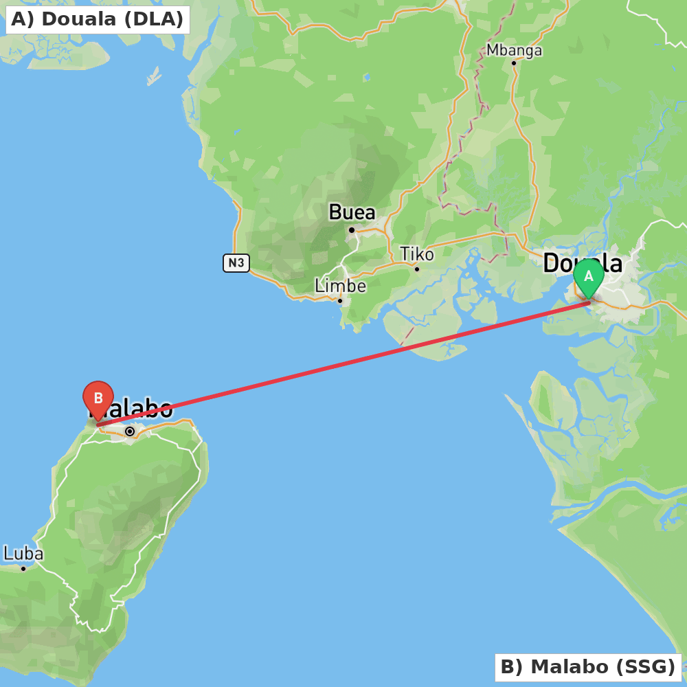 Flight route map from Douala to Malabo