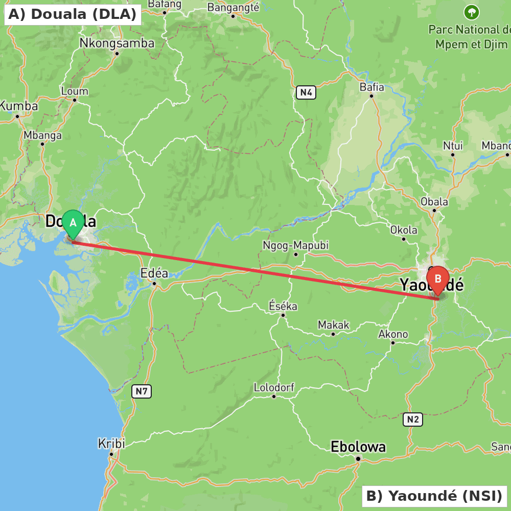 Flight route map from Douala to Yaoundé