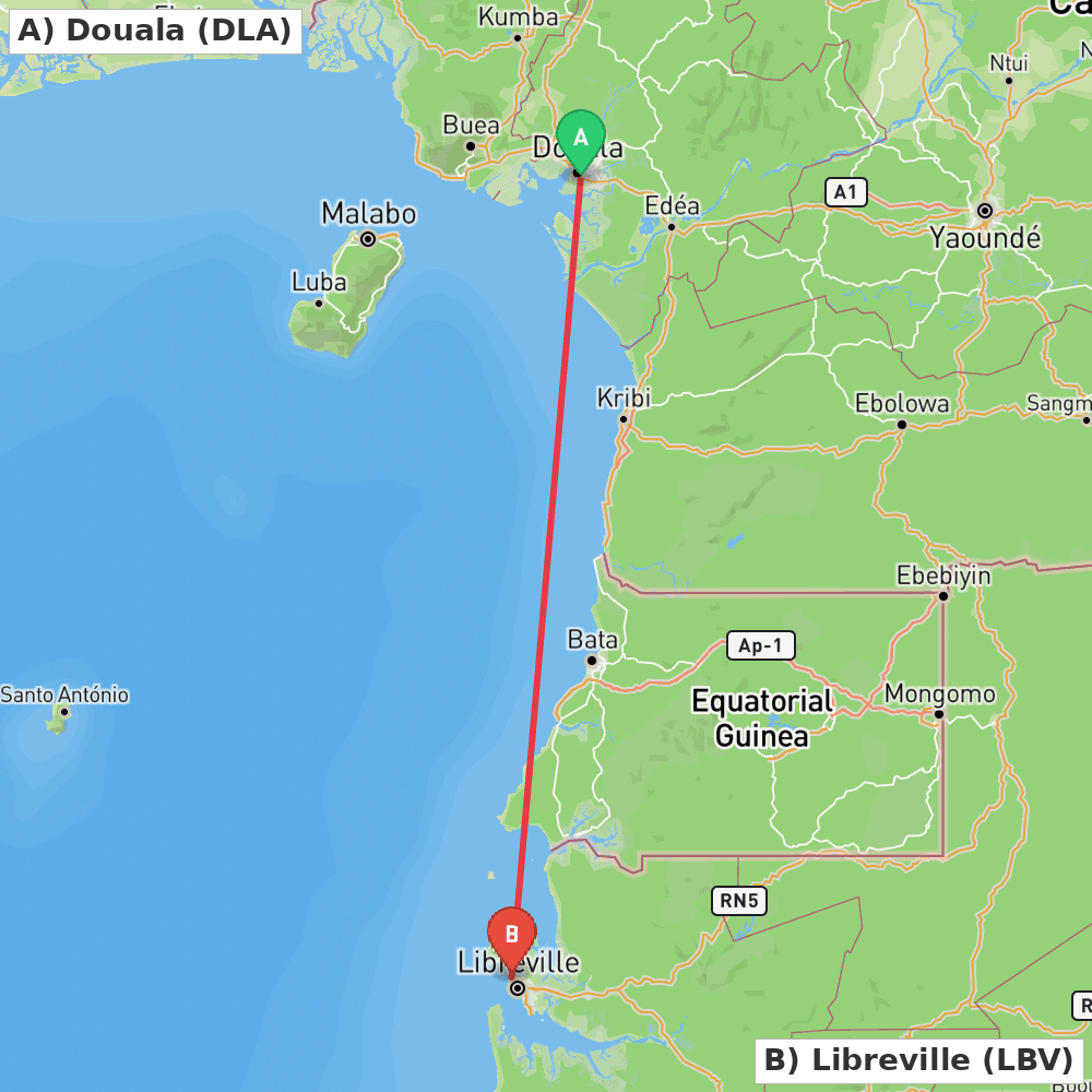 Flight route map from Douala to Libreville