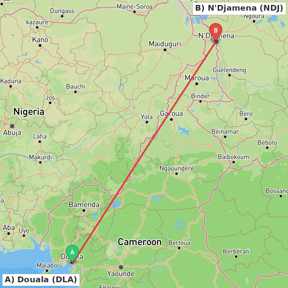 Flight route map from Douala to N'Djamena