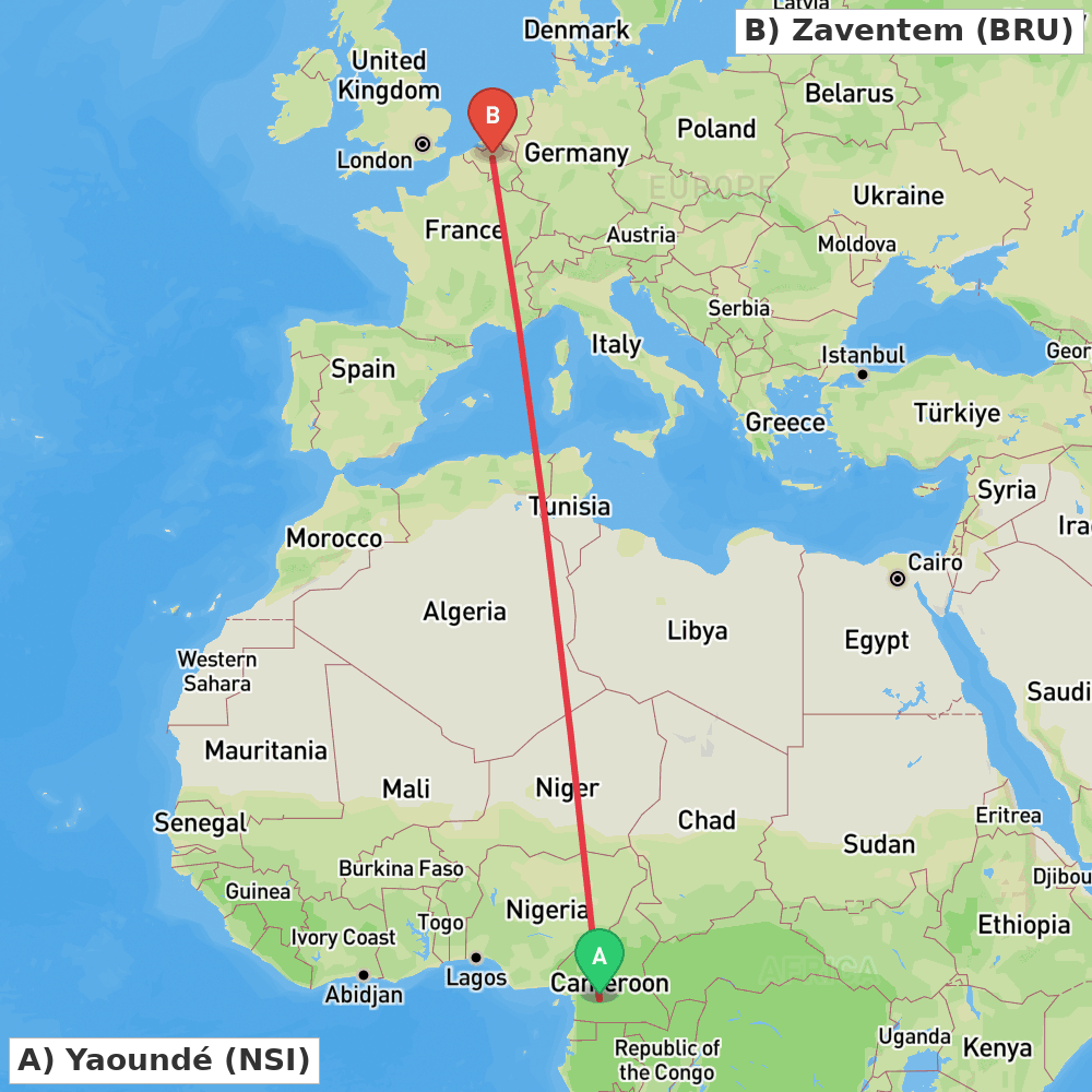 Flight route map from Yaoundé to Zaventem