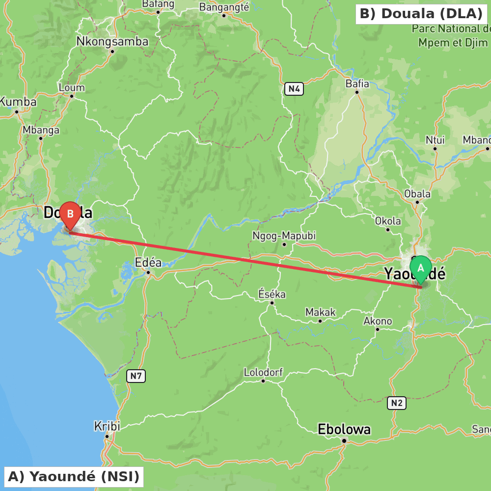 Flight route map from Yaoundé to Douala