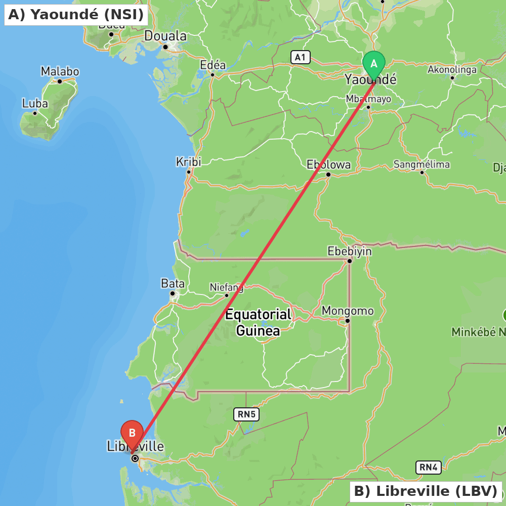 Flight route map from Yaoundé to Libreville