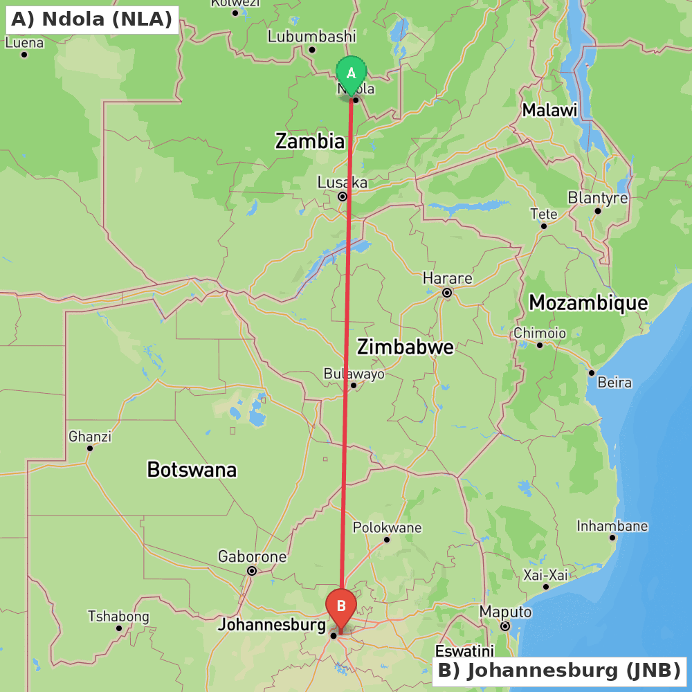 Flight route map from Ndola to Johannesburg