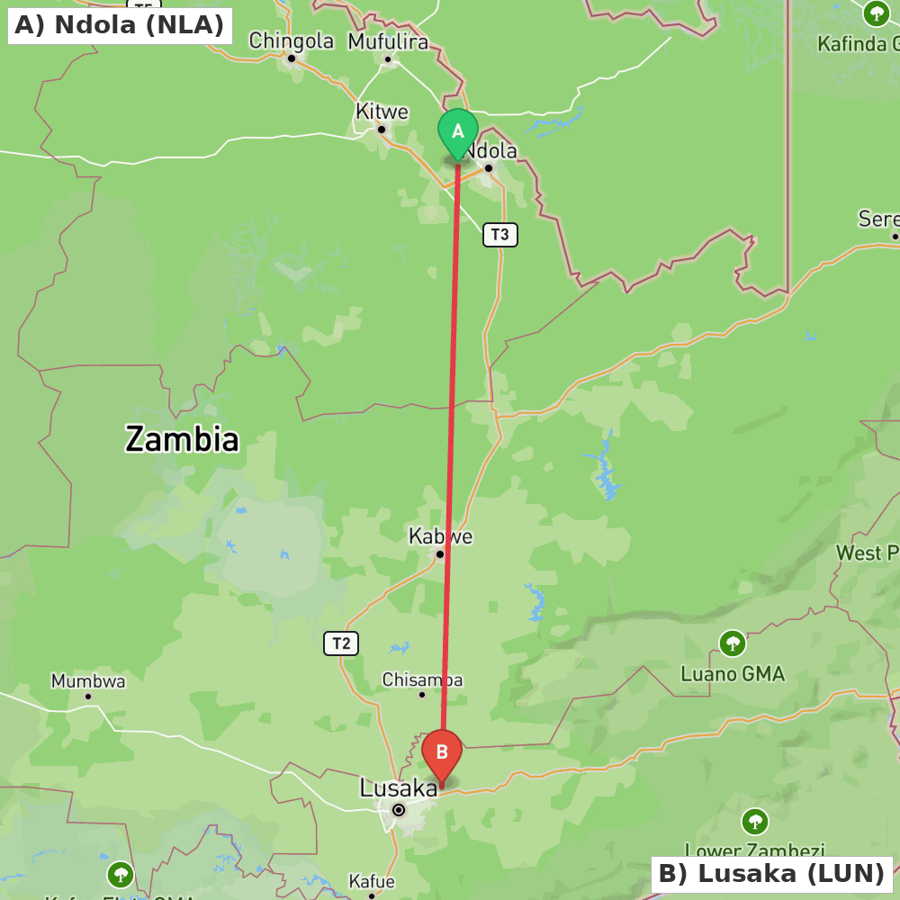 Flight route map from Ndola to Lusaka