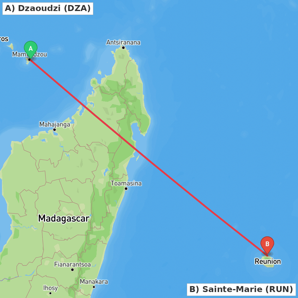 Flight route map from Dzaoudzi to Sainte-Marie