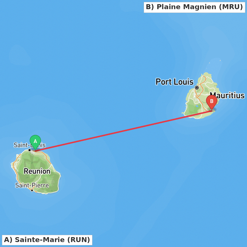 Flight route map from Sainte-Marie to Plaine Magnien