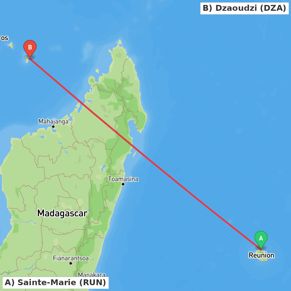 Flight route map from Sainte-Marie to Dzaoudzi