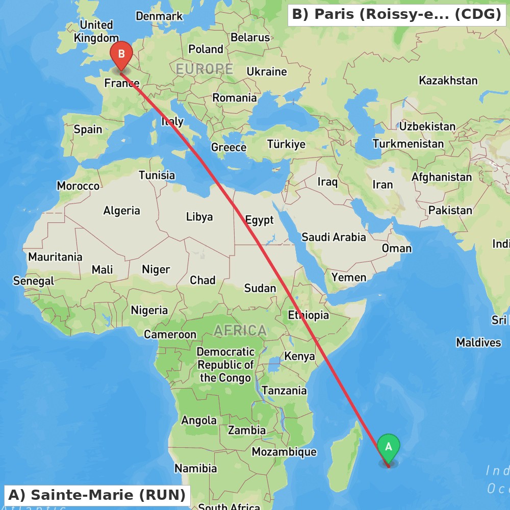Flight route map from Sainte-Marie to Paris (Roissy-en-France, Val-d'Oise)