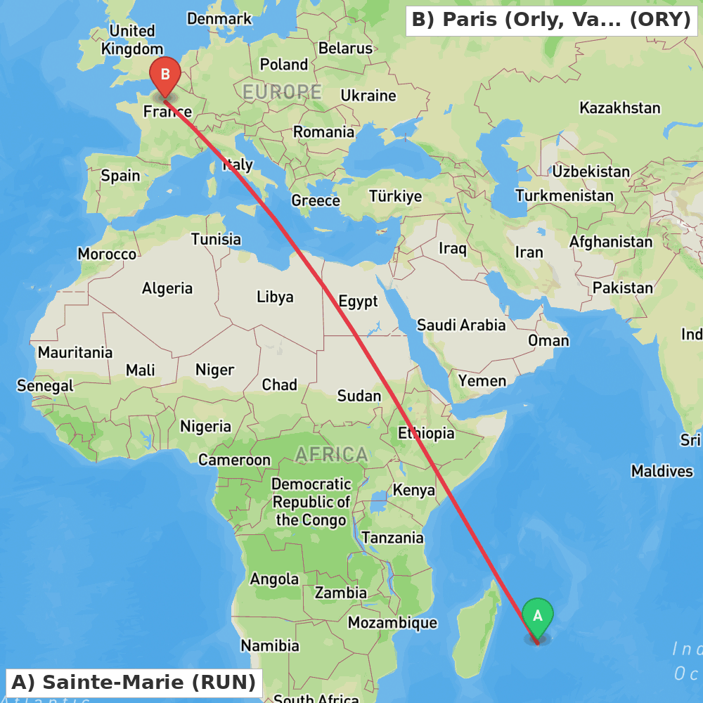 Flight route map from Sainte-Marie to Paris (Orly, Val-de-Marne)