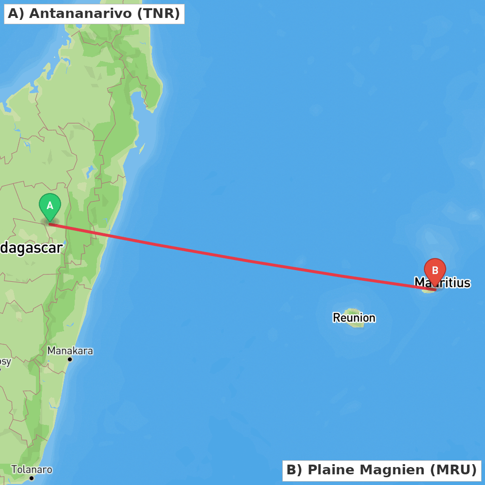 Flight route map from Antananarivo to Plaine Magnien
