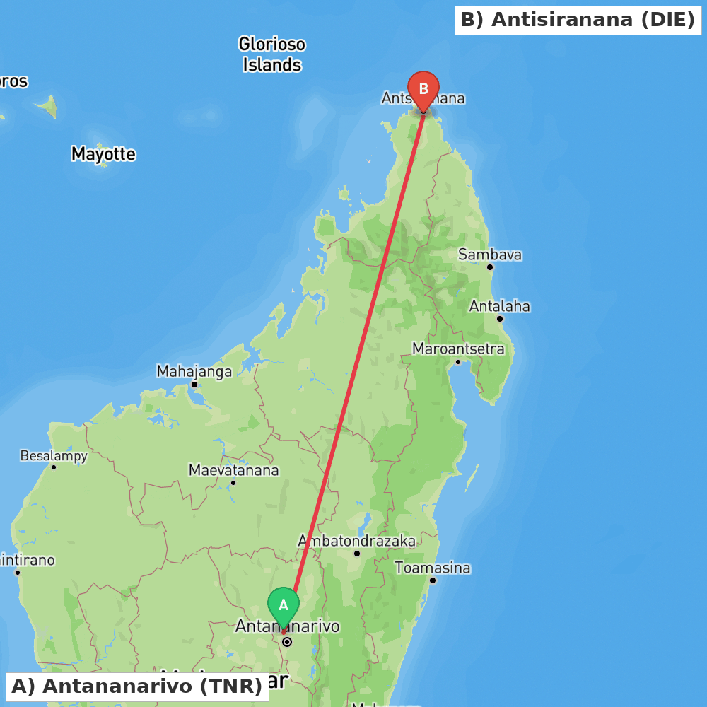 Flight route map from Antananarivo to Antisiranana