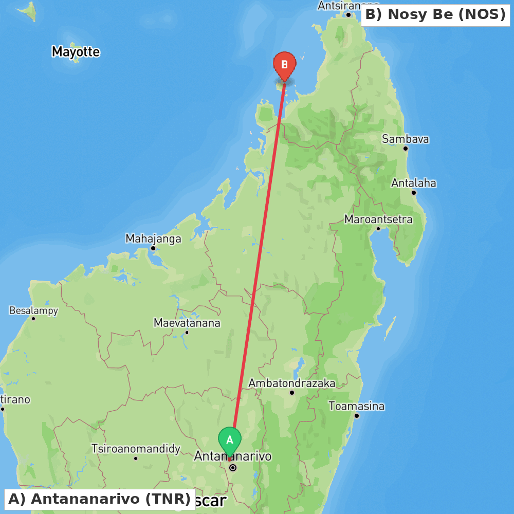 Flight route map from Antananarivo to Nosy Be