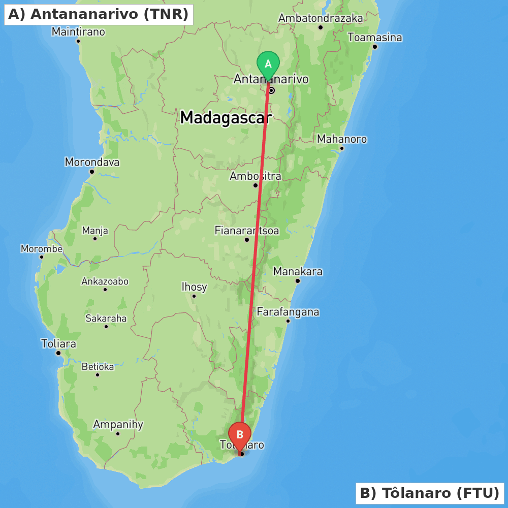 Flight route map from Antananarivo to Tôlanaro