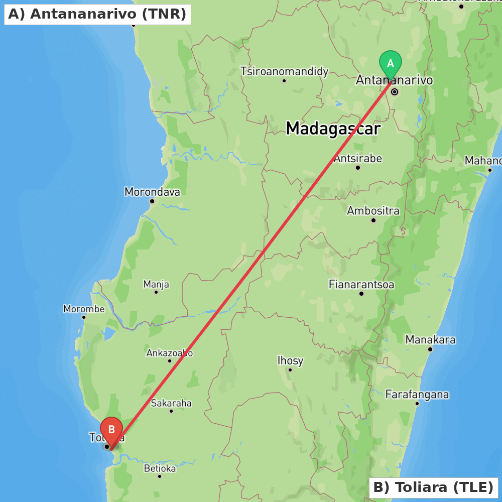 Flight route map from Antananarivo to Toliara