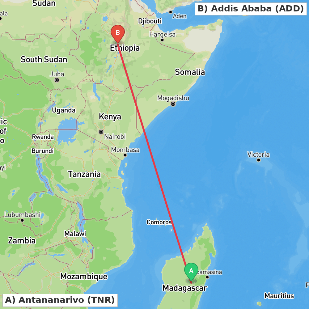 Flight route map from Antananarivo to Addis Ababa