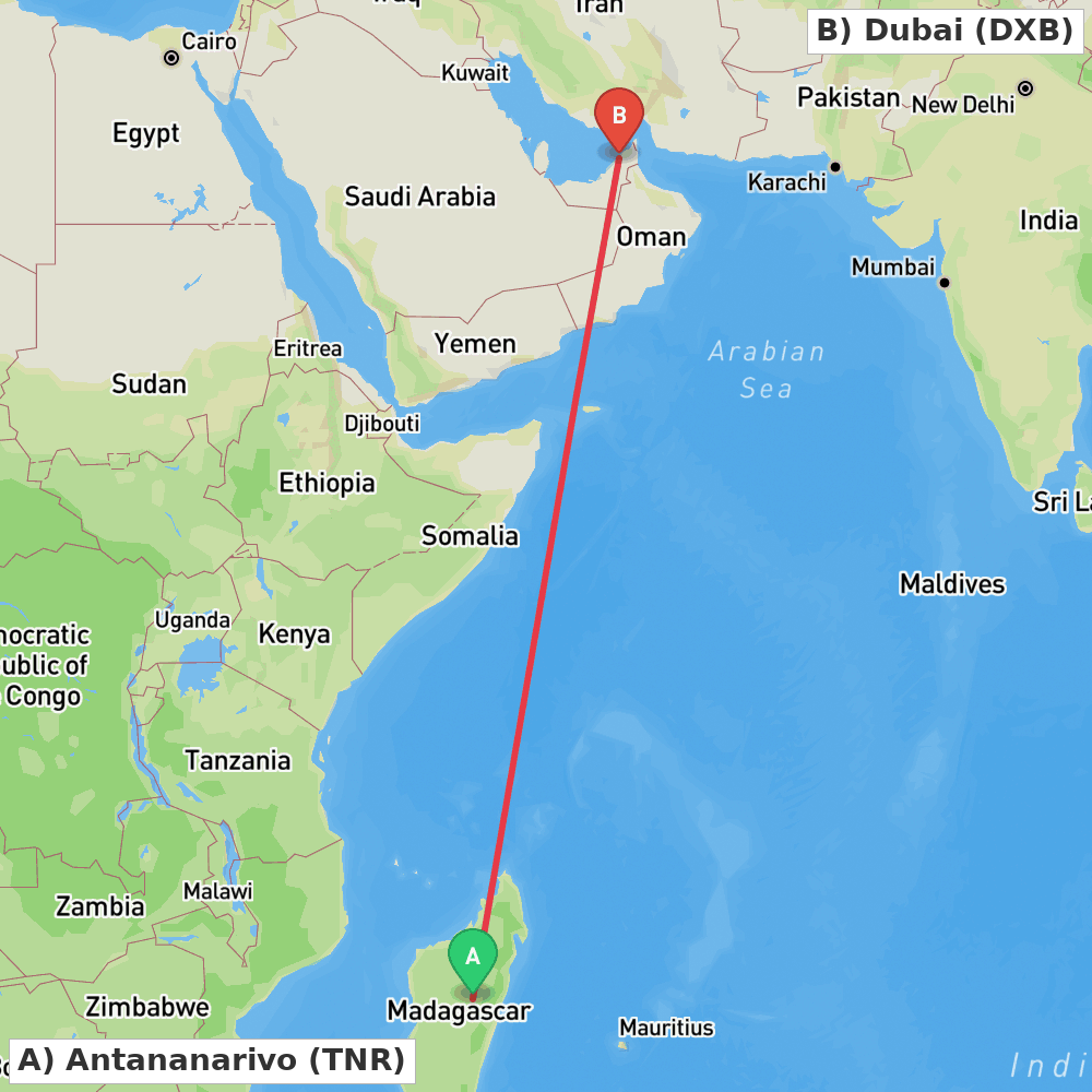 Flight route map from Antananarivo to Dubai