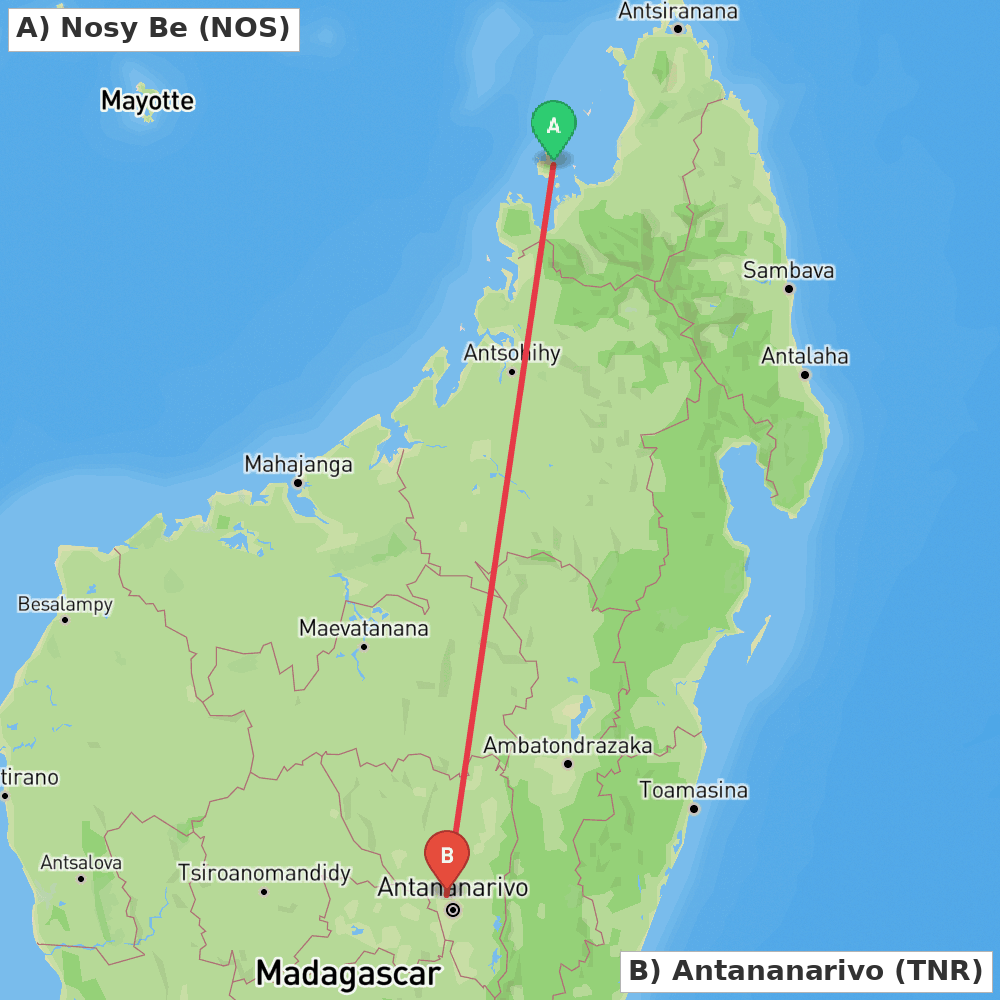 Flight route map from Nosy Be to Antananarivo