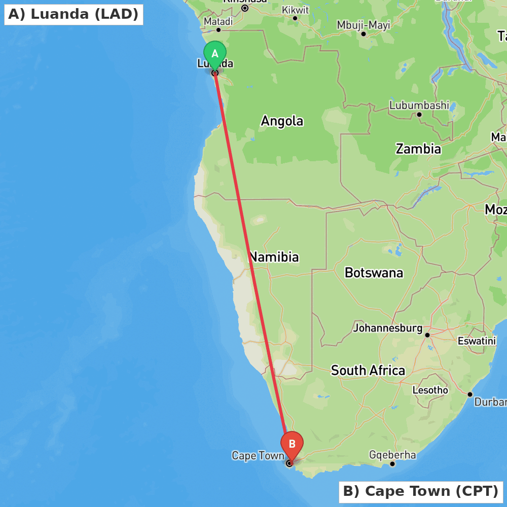 Flight route map from Luanda to Cape Town