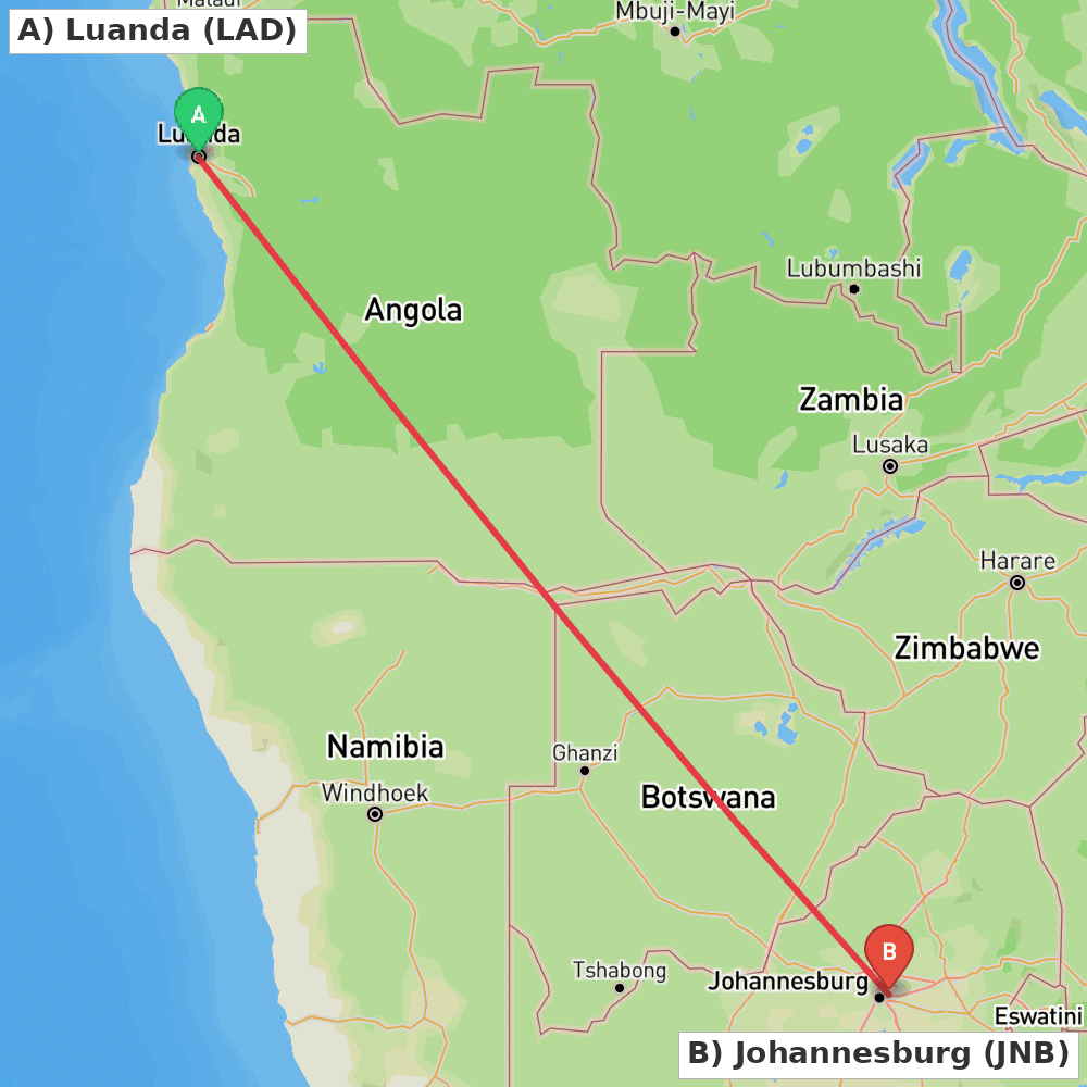 Flight route map from Luanda to Johannesburg