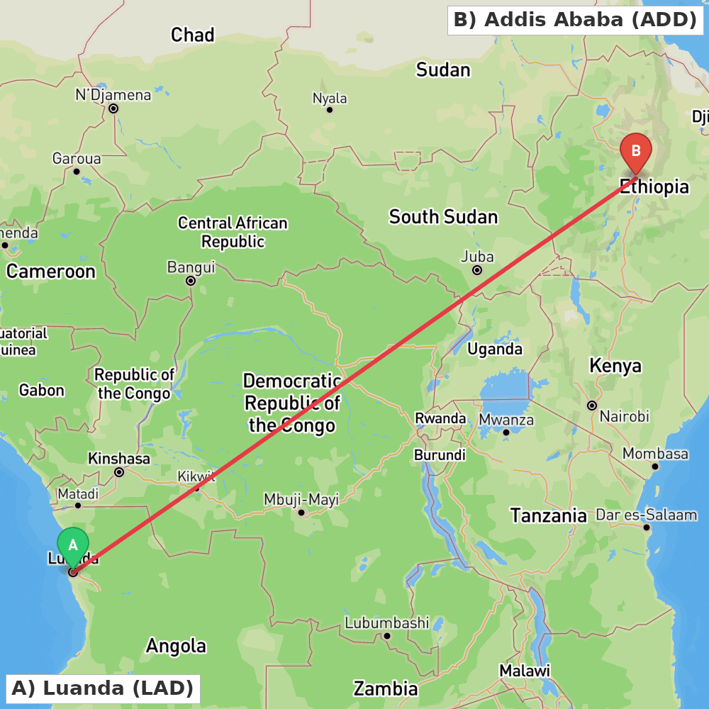 Flight route map from Luanda to Addis Ababa