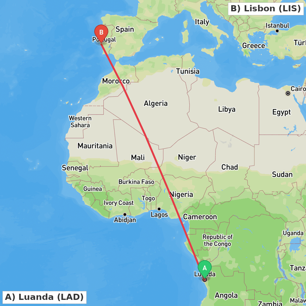 Flight route map from Luanda to Lisbon